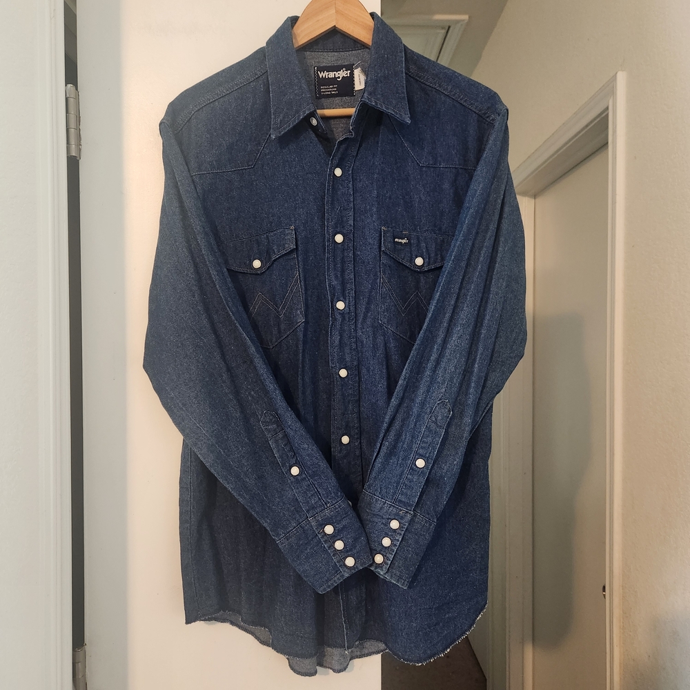 Wrangler Western Pearl Button Snap Denim USA Cowboy Selvedge Lg Extra Long Tails
